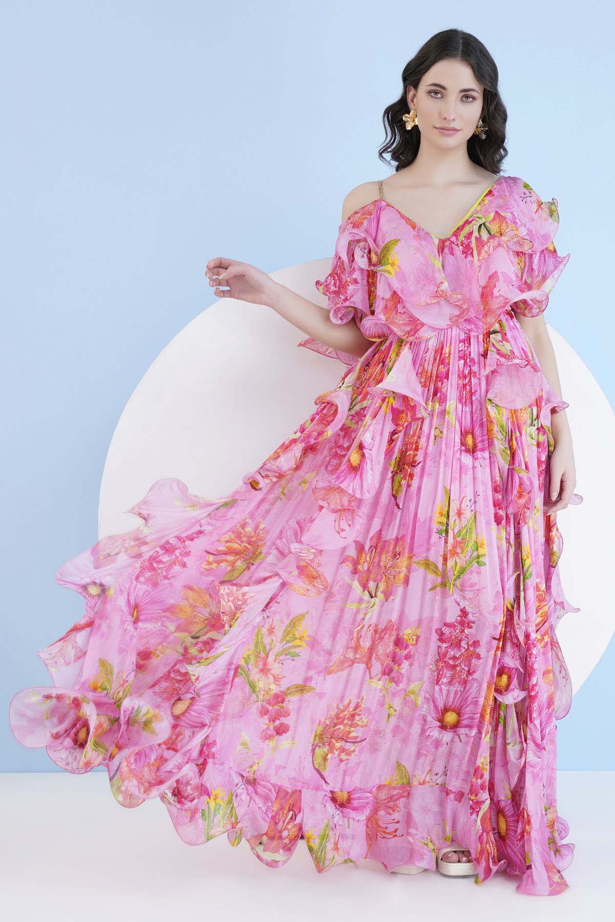 Buy Dark Pink Cascade Long Dress by Mandira Wirk